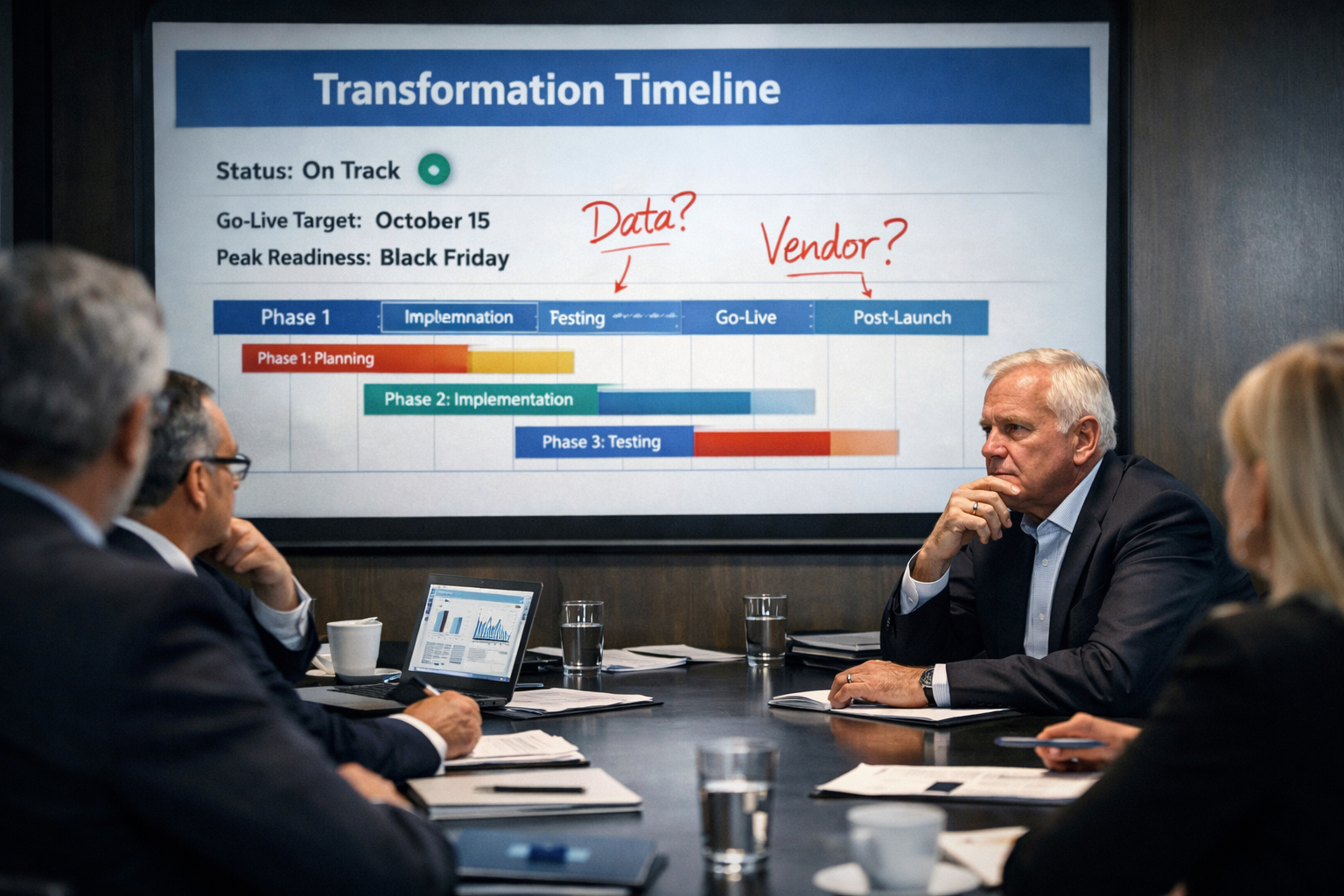 Your commerce transformation timeline slips because it is treated like a plan. It is a risk register with dates. Your commerce transformation timeline slips because it is treated like a plan. It is a risk register with dates.